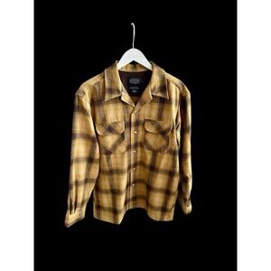 Vintage Pendleton Yellow Brown Shadow Plaid Wool Loop Collar Board Shirt Medium